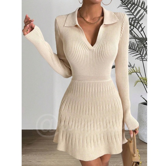 Rouge! Dresses & Skirts - Beige Rib Knit Ruffle Hem V-Neck Mini Dress Collared Long Sleeve Stretchy